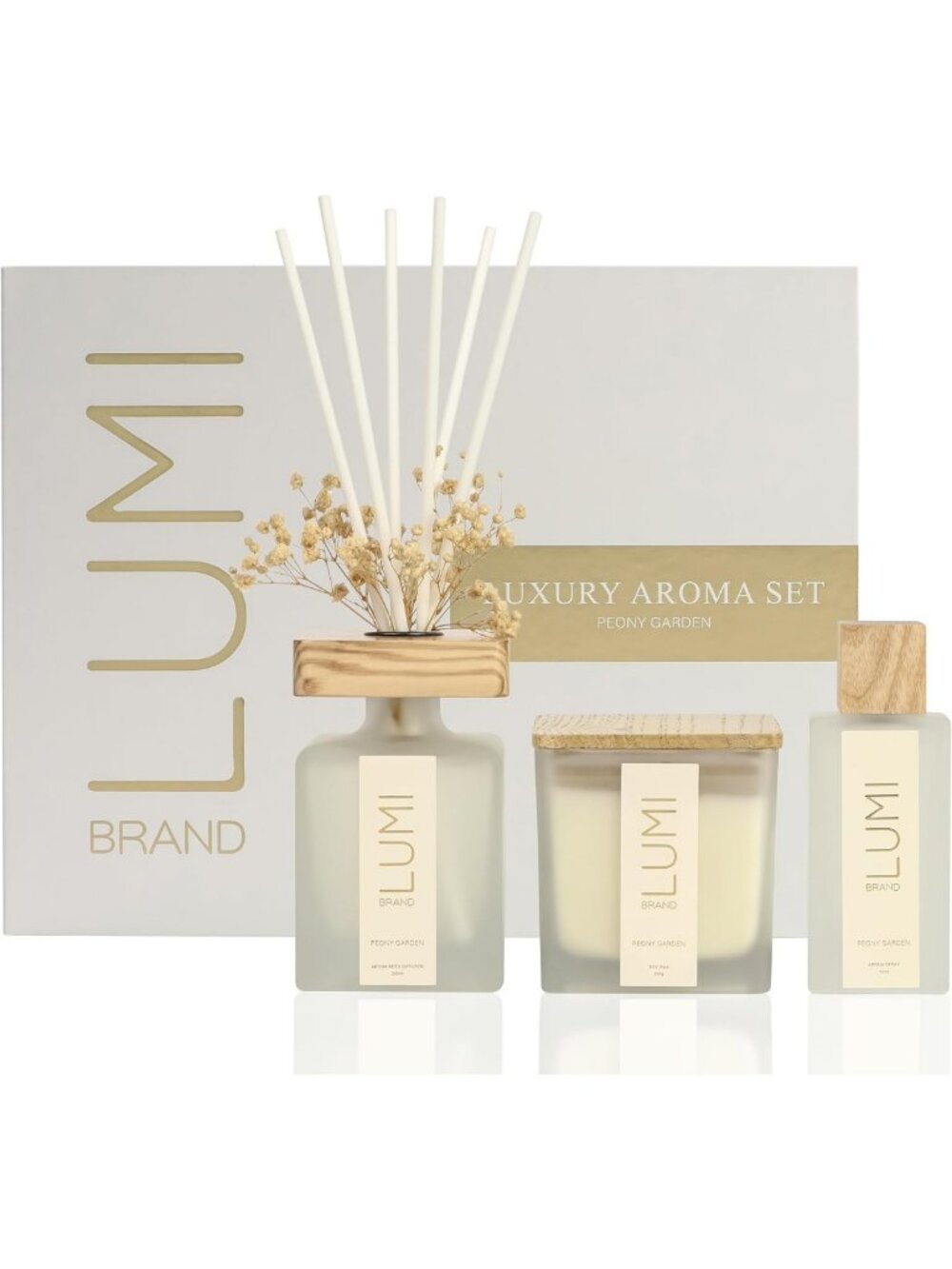 Luxury Aroma Gift Set | Peony Garden Reed Diffuser, Soy Candle & Room Spray